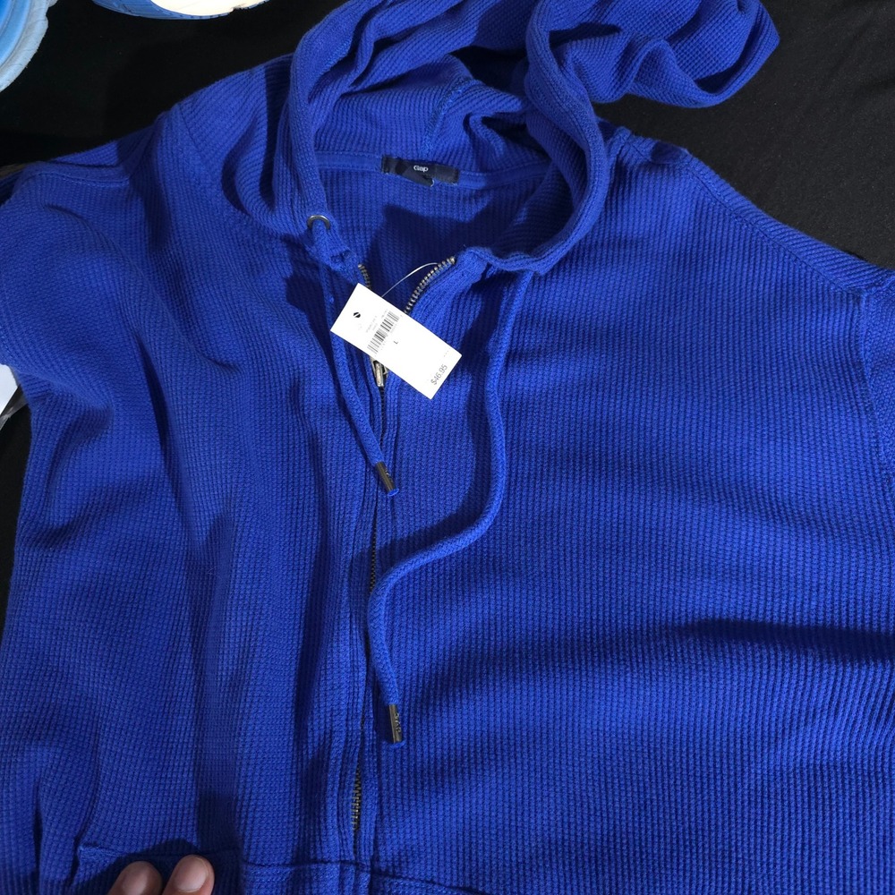 Gap Waffle Knit Hoodie Mens L Blue Full Zip Thermal 918082-00-1 Long Sleeve - Picture 8 of 12